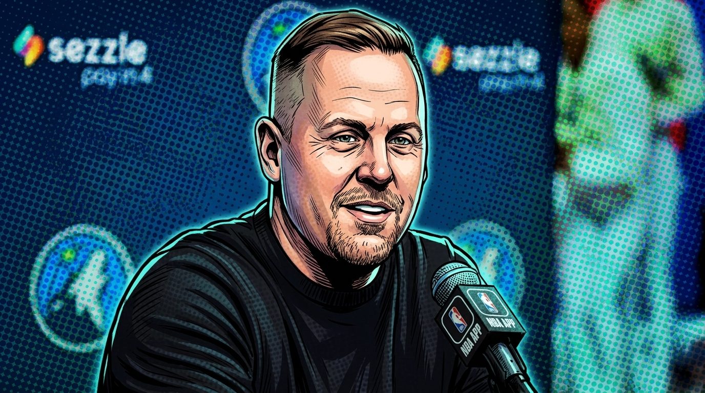 Tim Connelly speaking at a Timberwolves press conference, comic-style illustration