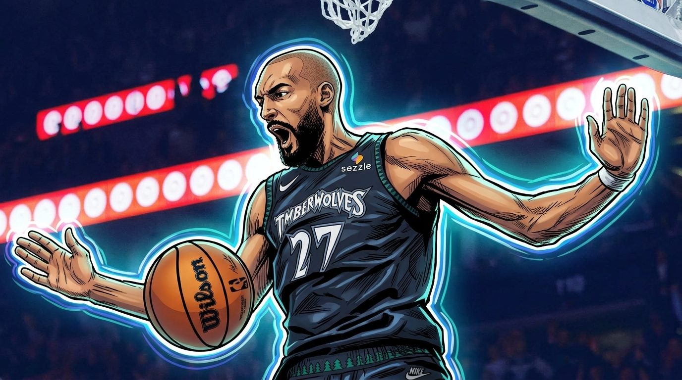 Rudy Gobert guarding the paint in a Timberwolves jersey, comic-style illustration with defensive shield effects