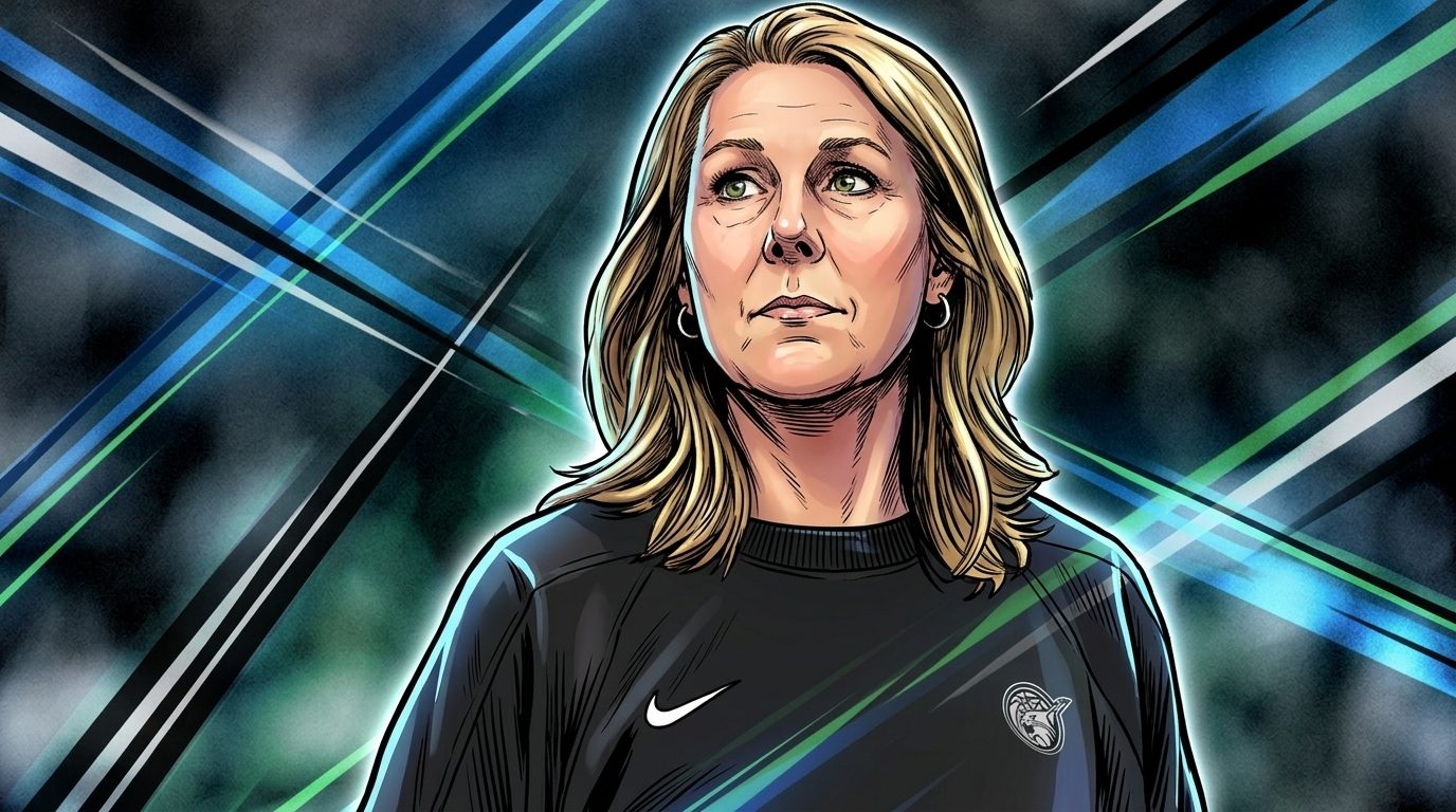 Cheryl Reeve reacts on the sideline as the Minnesota Lynx fall to the Indiana Fever on the road, comic-style illustration