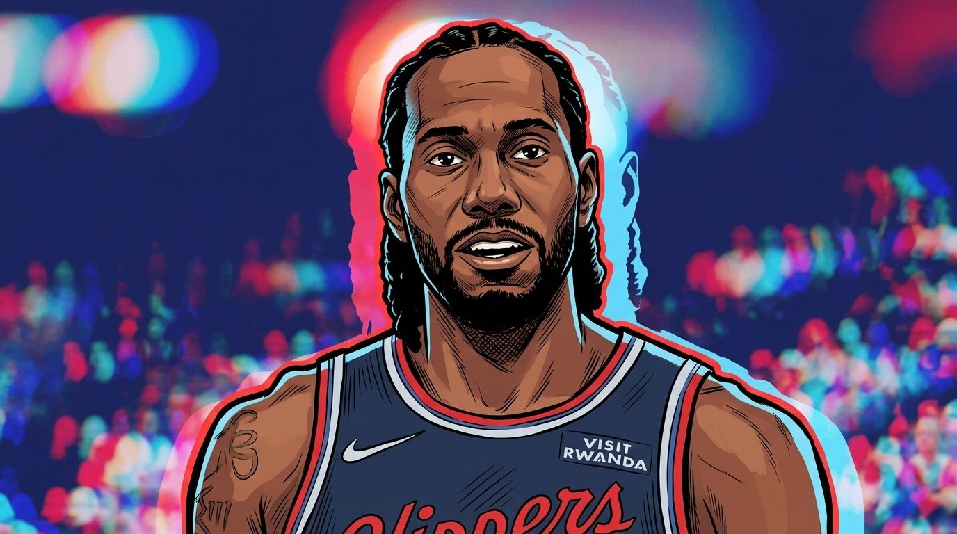 Kawhi Leonard and a Timberwolves throwback jersey split by a courtroom gavel with flame effects, comic-style illustration
