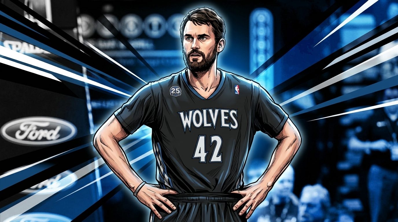 Kevin Love in a Timberwolves throwback jersey with flame effects, comic-style illustration