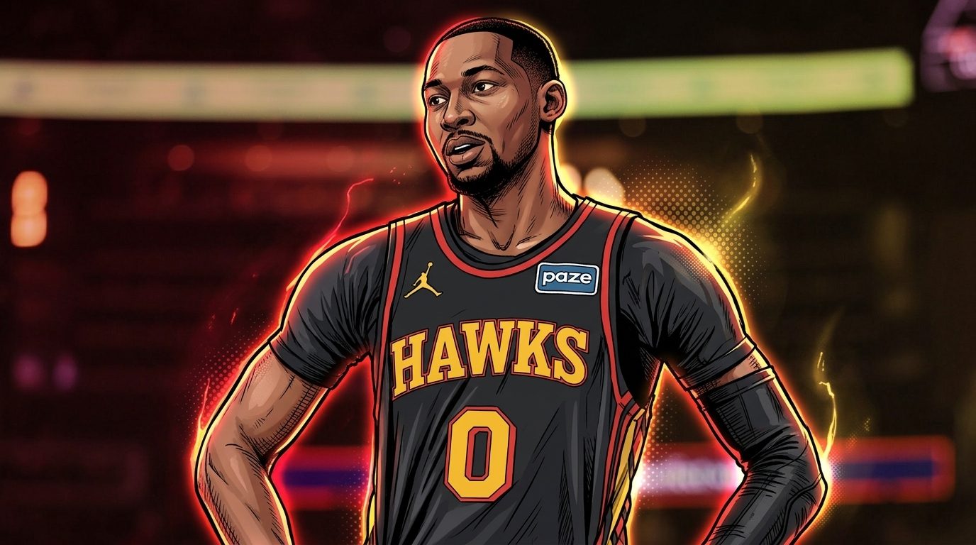 Jonathan Kuminga in a Timberwolves uniform driving to the rim, comic-style illustration