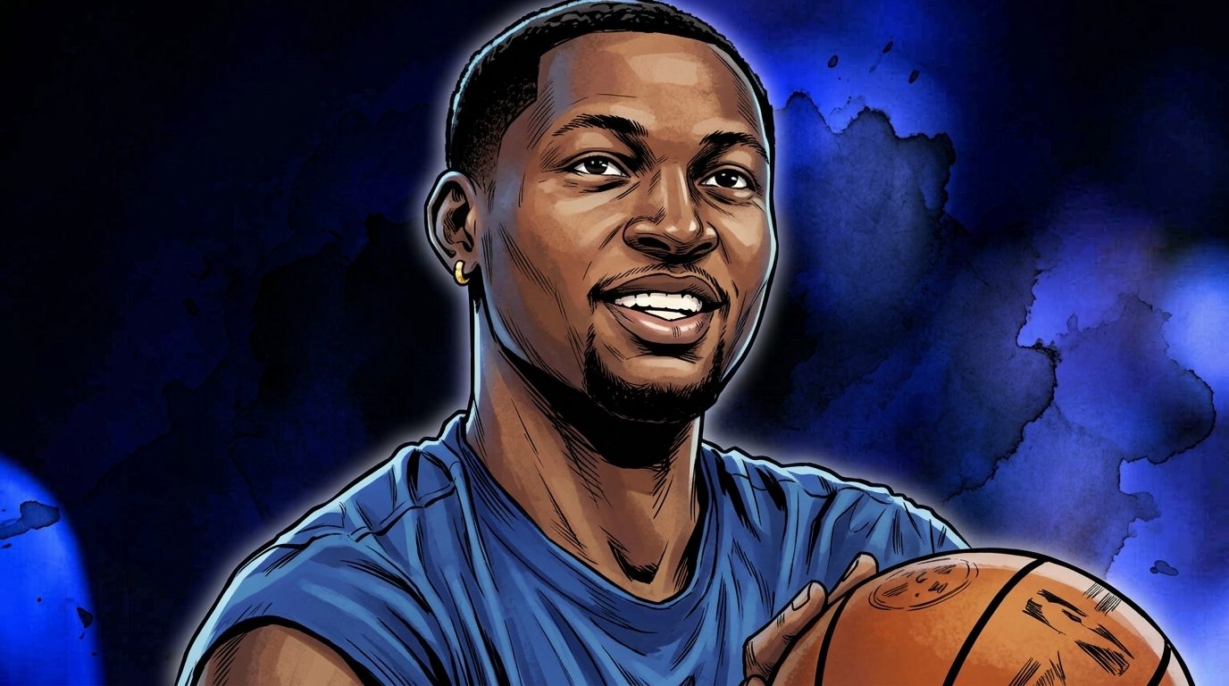 Jonathan Kuminga pulling on a Timberwolves jersey at a signing table, comic-style illustration