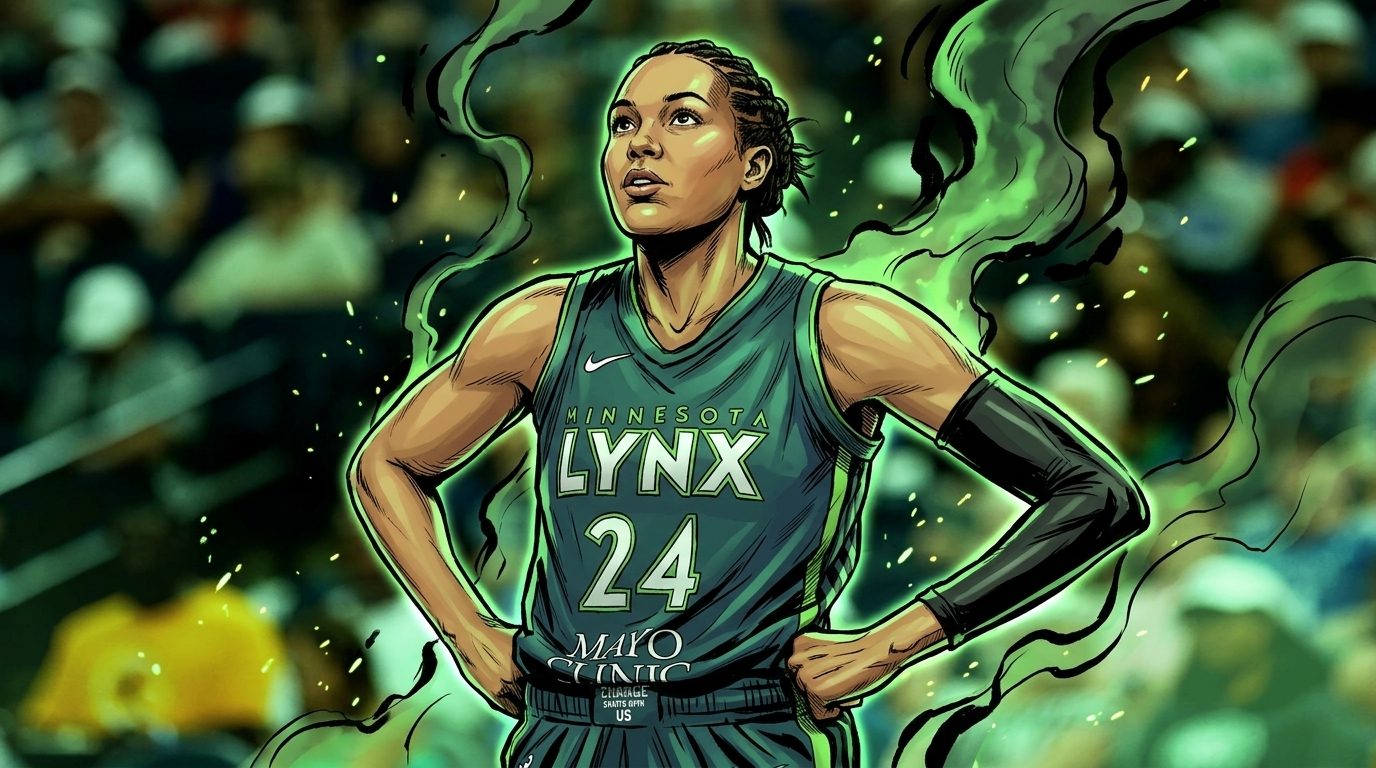 Breanna Stewart rises for a jump shot over the Minnesota Lynx defense as the New York Liberty win at Target Center, comic-style illustration