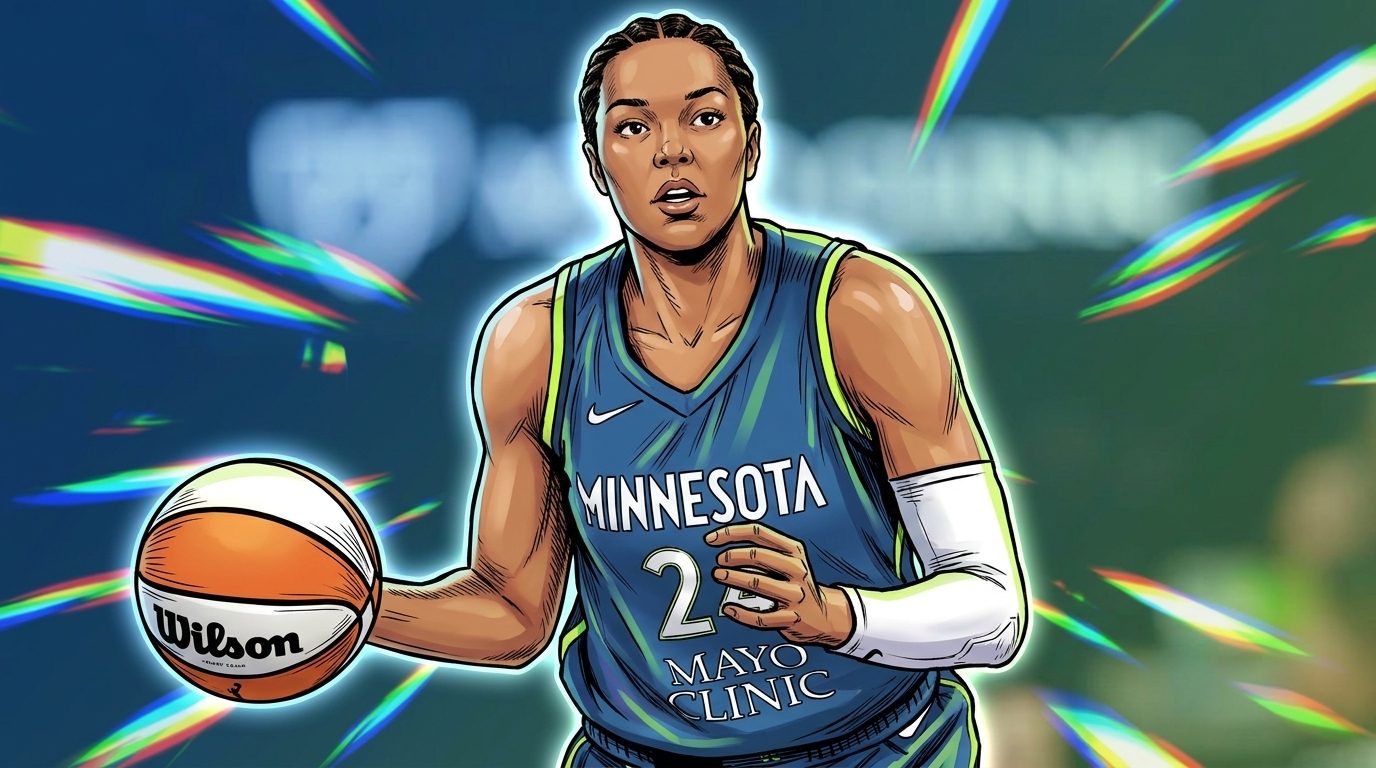 Napheesa Collier drives to the basket against the Connecticut Sun defense as the Minnesota Lynx win on the road, comic-style illustration