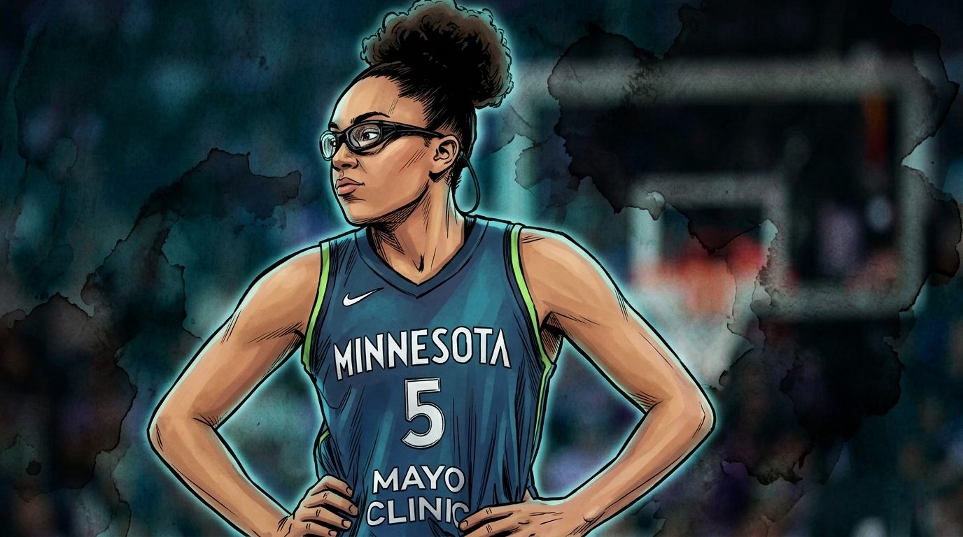 Napheesa Collier walks off the floor as the New York Liberty celebrate a playoff sweep, comic-style illustration