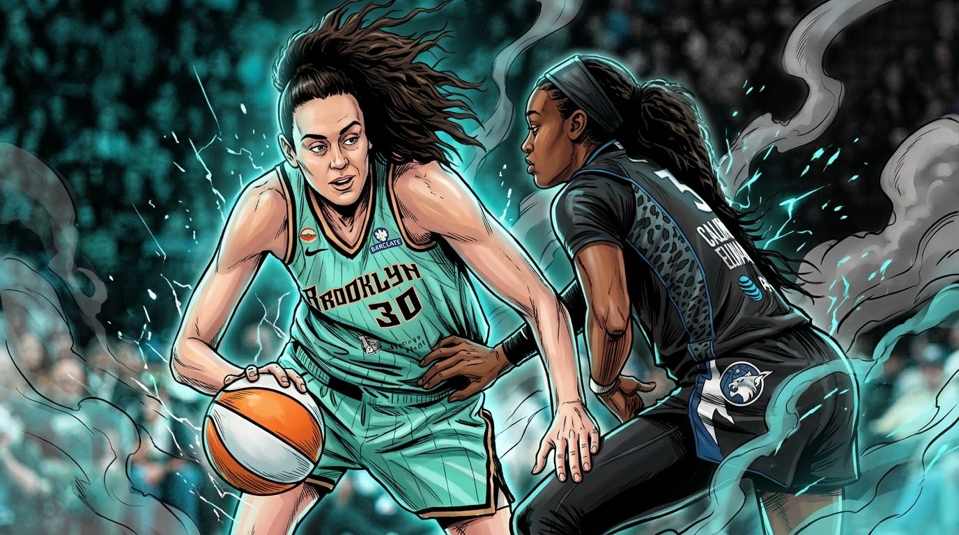Breanna Stewart drives past Napheesa Collier as the New York Liberty steal Game 1 at Target Center, comic-style illustration
