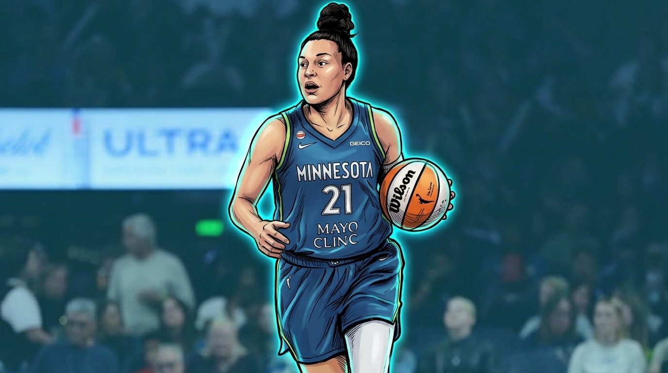 Kayla McBride celebrates a three-pointer as the Minnesota Lynx rout the Indiana Fever at Target Center, comic-style illustration