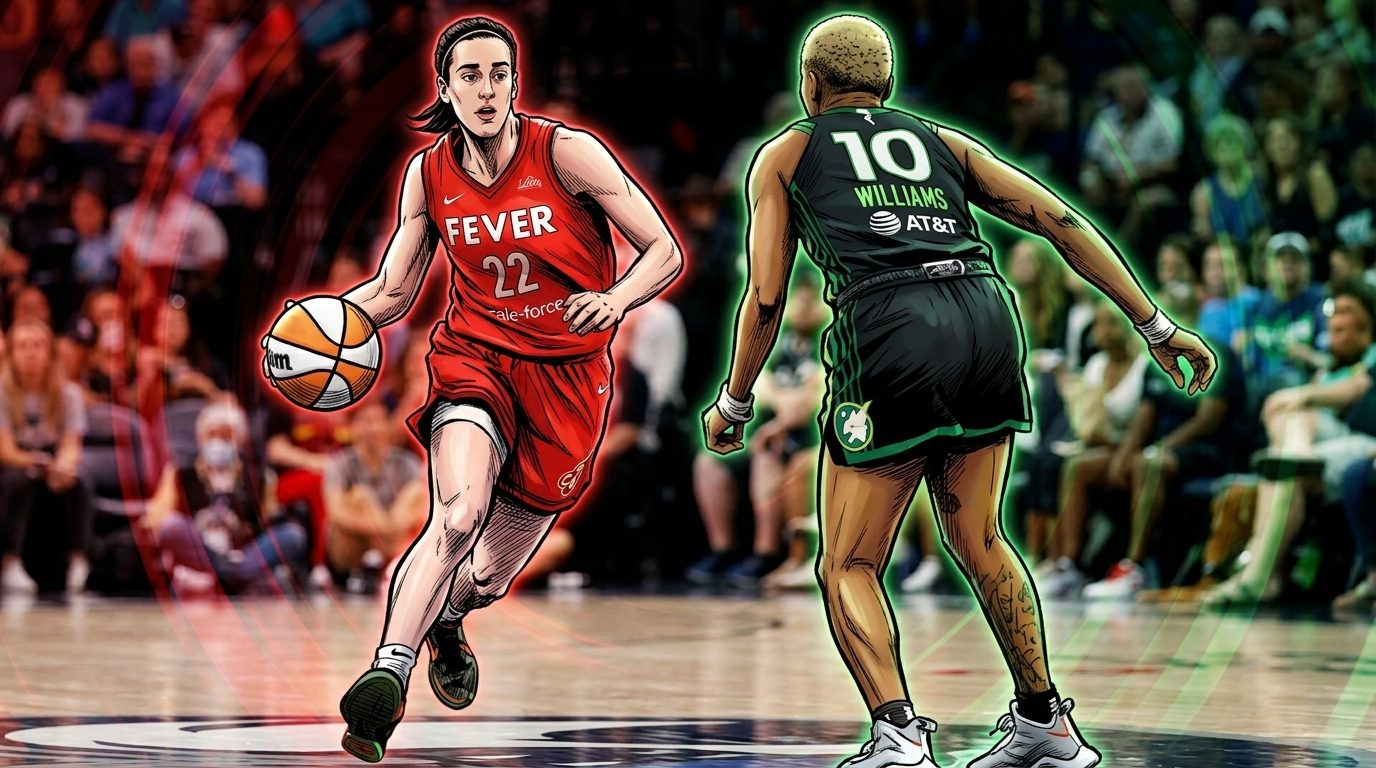 Caitlyn Clark driving against Courtney Williams, comic-style illustration