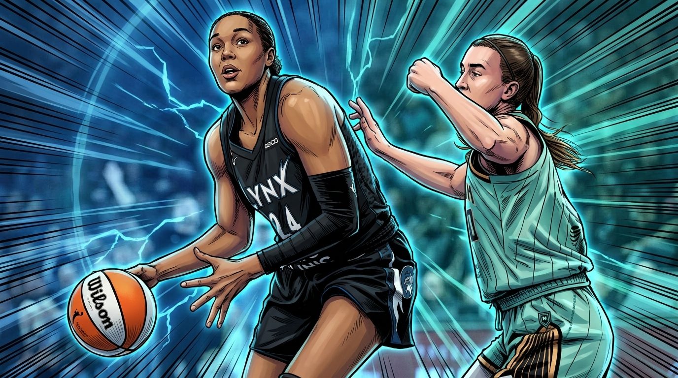 Napheesa Collier defending Breanna Stewart in a playoff game, comic-style illustration