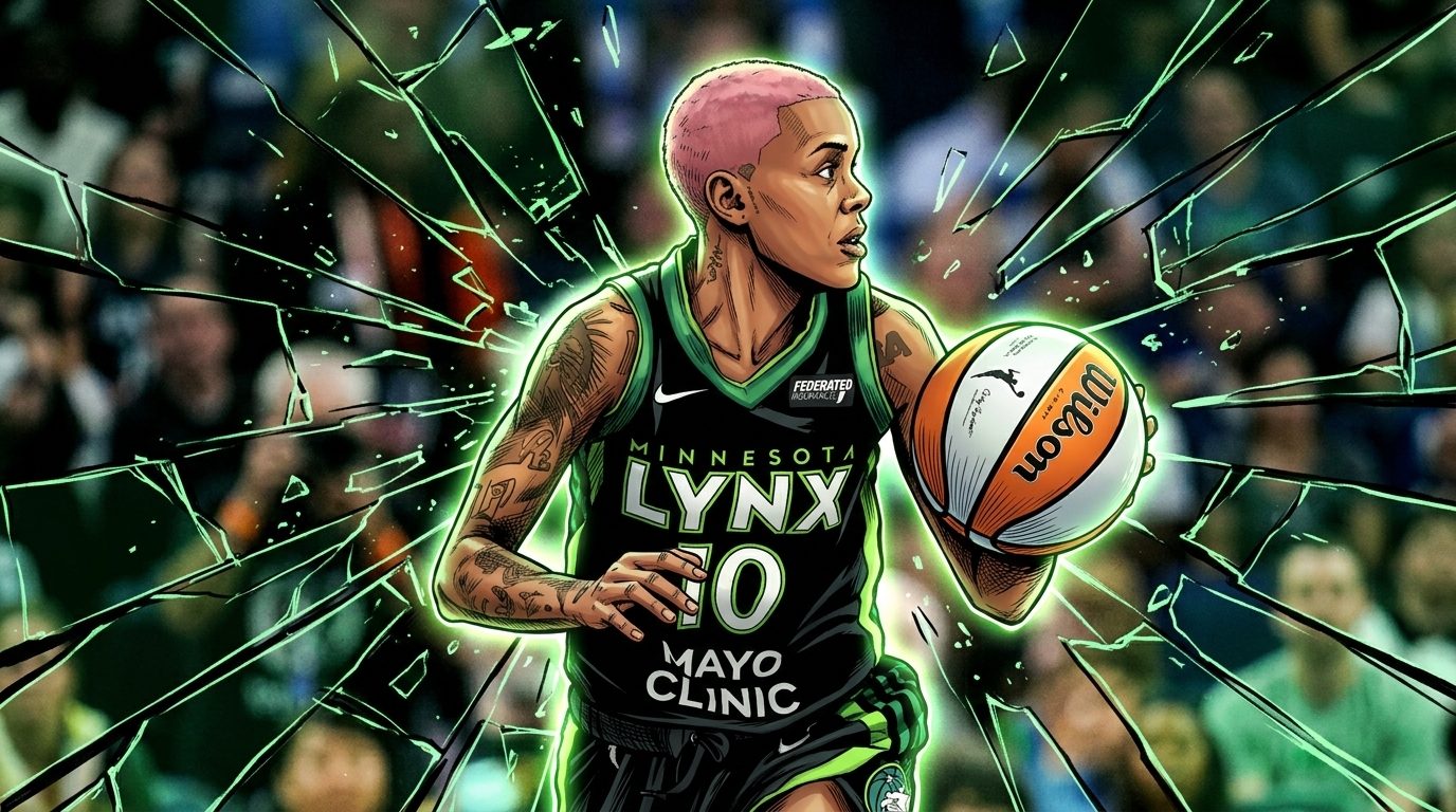 Napheesa Collier driving to the rim against the Connecticut Sun at Mohegan Sun Arena, comic-style illustration