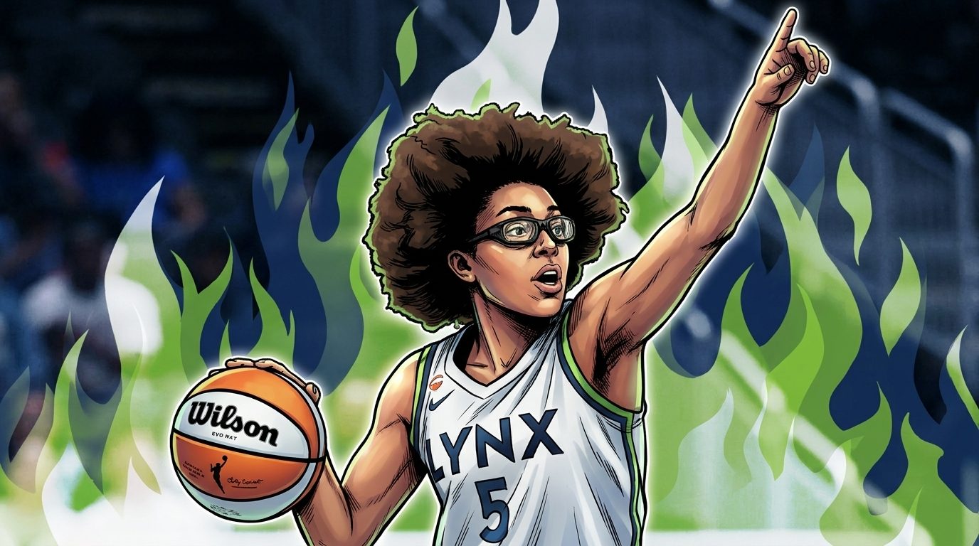 Angel Reese and the Atlanta Dream celebrating during their 89-81 win over the Minnesota Lynx at Gateway Center Arena, comic-style illustration