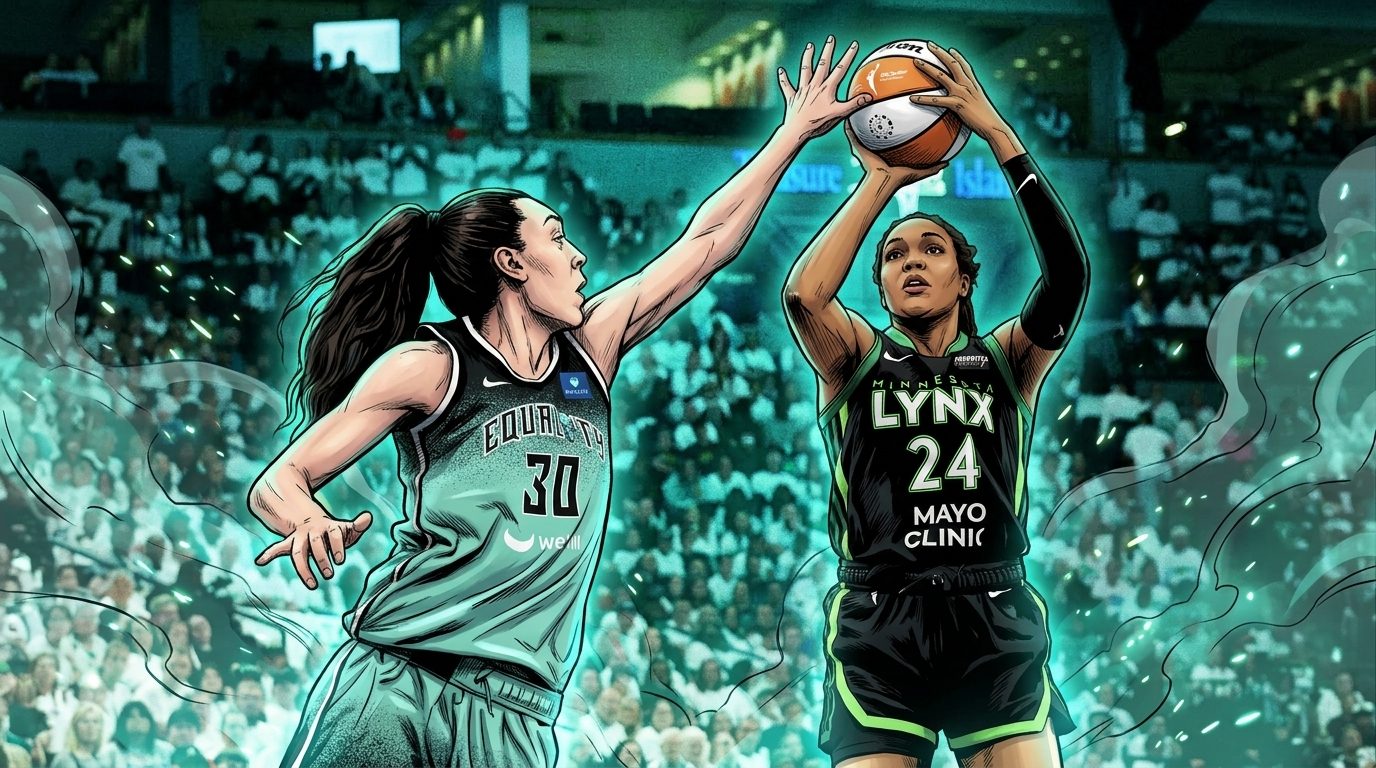 Napheesa Collier defending Breanna Stewart at Target Center, comic-style illustration