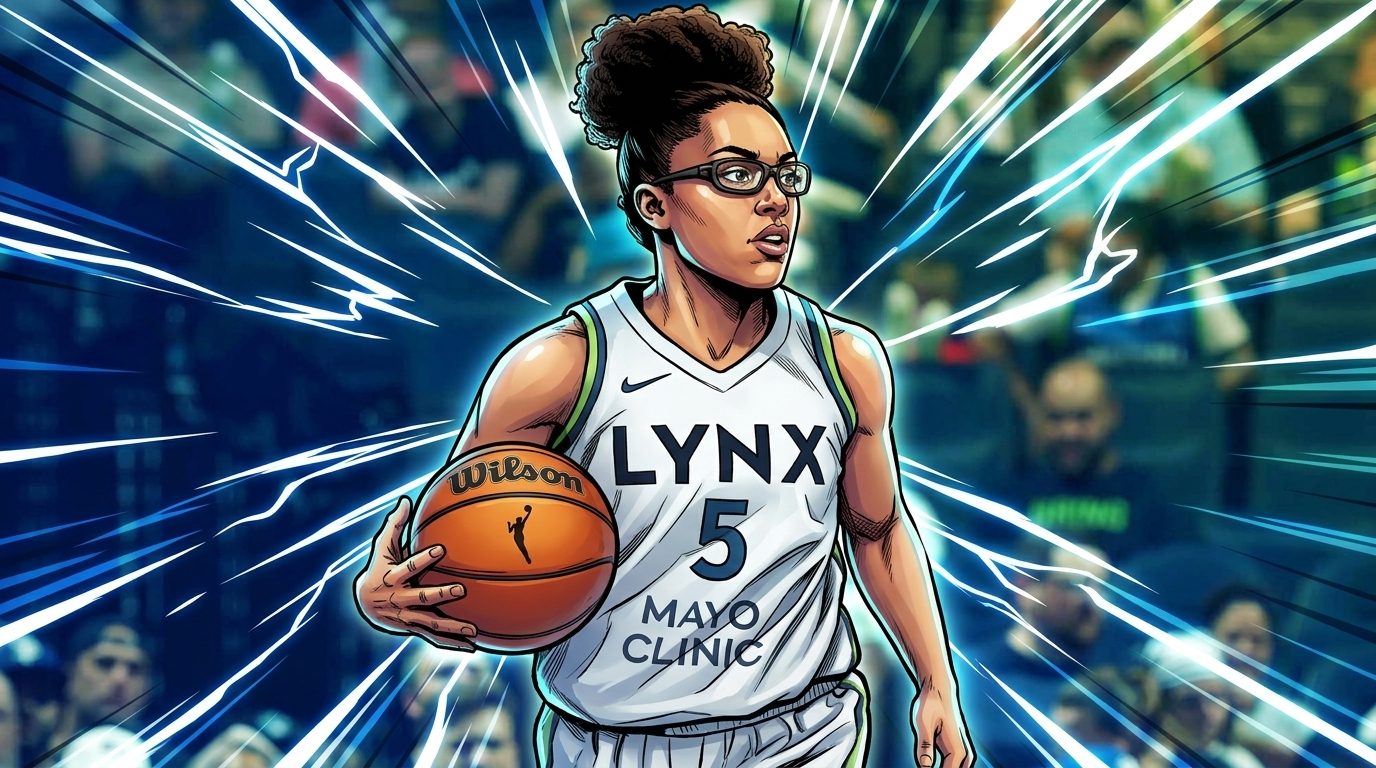 Napheesa Collier and Breanna Stewart squaring off at Target Center before a Lynx-Liberty game, comic-style illustration