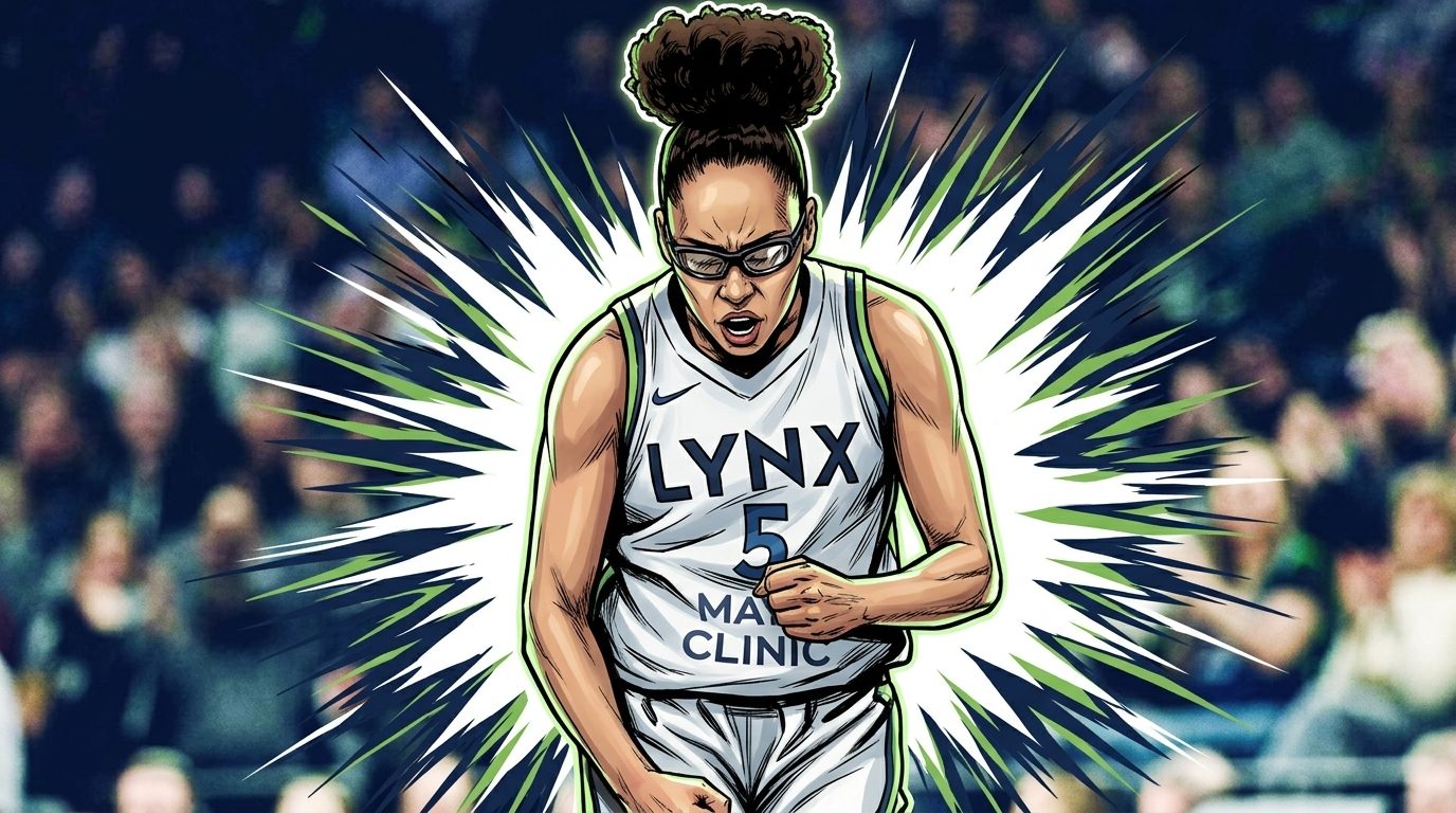 Olivia Miles in her Lynx uniform surrounded by flame effects, comic-style illustration