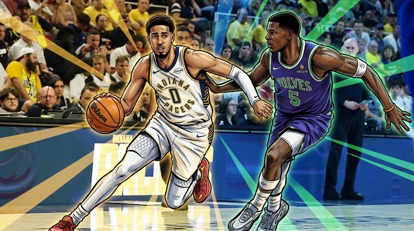 Anthony Edwards and Tyrese Haliburton before a preseason game at Hilton Coliseum, comic-style illustration
