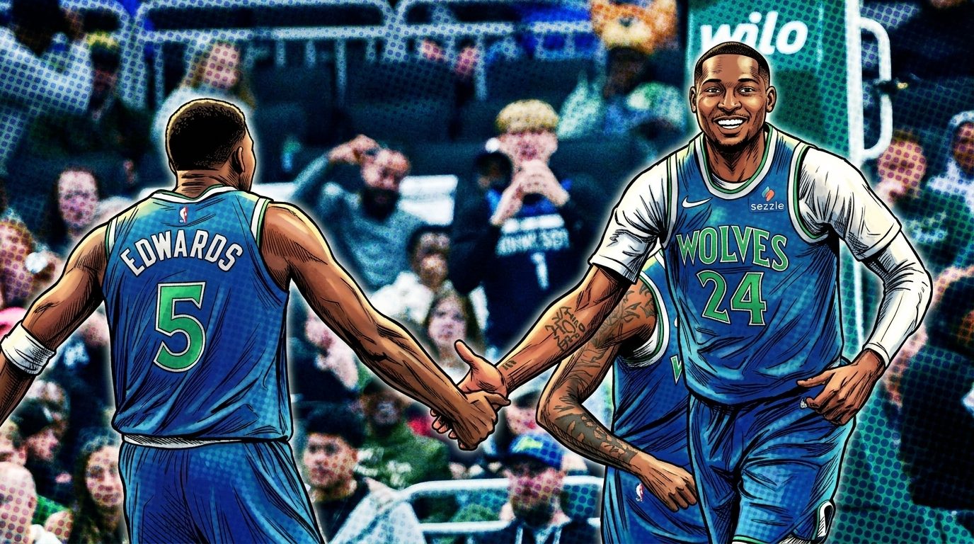 Anthony Edwards drives into the paint against the Milwaukee Bucks in a preseason opener, comic-style illustration