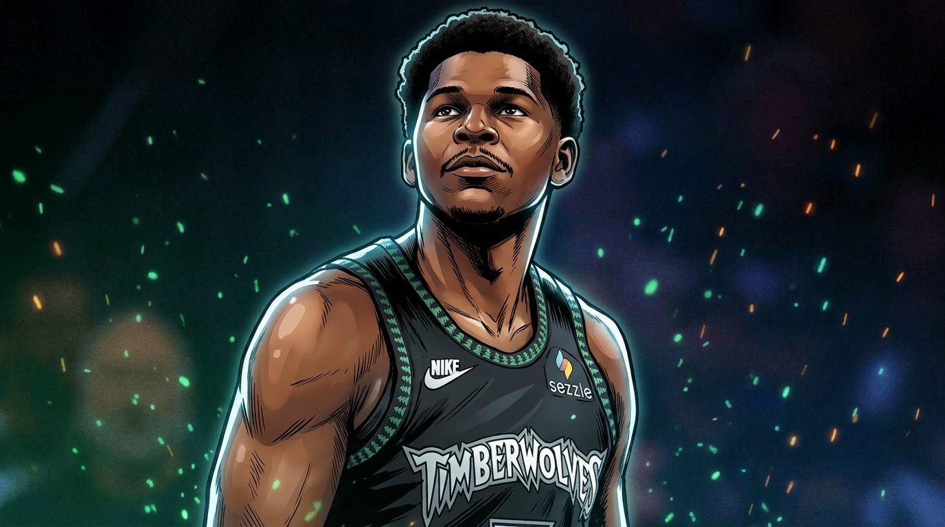 Anthony Edwards and LaMelo Ball in Timberwolves uniforms before a preseason game, comic-style illustration